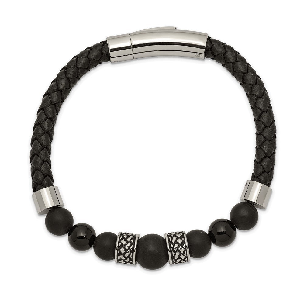 Stainless Steel Antiqued and Polished Black Agate Leather 8.25in Bracelet 8.25 inches