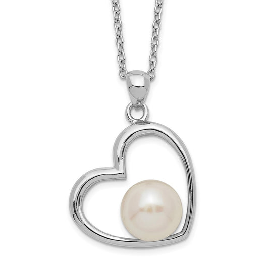 Sterling Silver Rhodium-plated 7-8mm White Button Freshwater Cultured Pearl Heart 17 inch Necklace 17 Inches