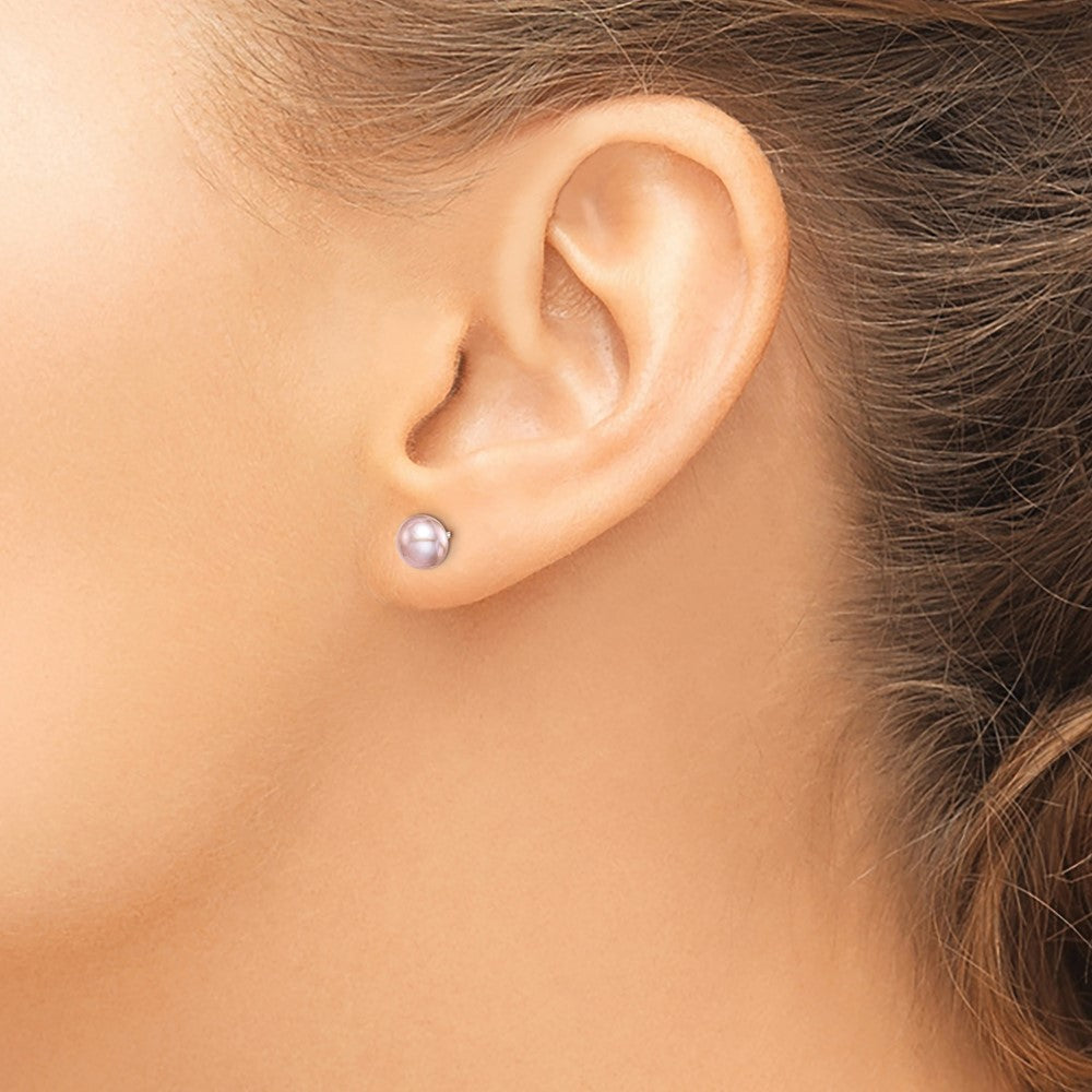 Sterling Silver Rhodium-plated 6-7mm Purple Button Freshwater Cultured Pearl Post Earrings