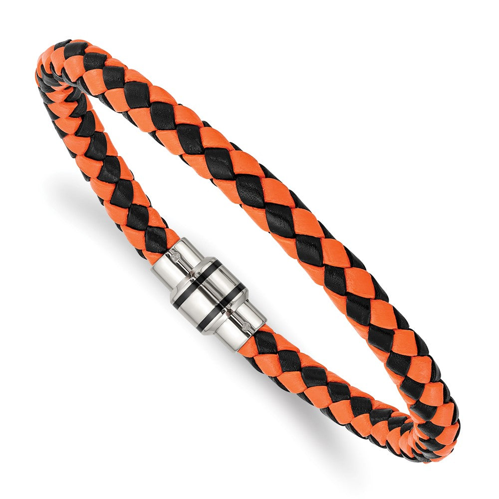 Stainless Steel Polished Black IP Black/Orange Woven Leather Bracelet 9 inches