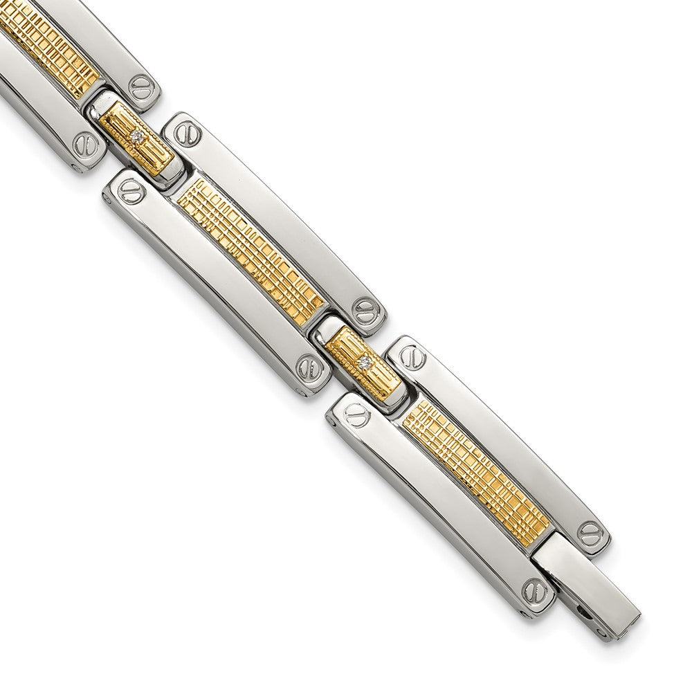 Chisel Stainless Steel Polished with 14K Accent Basket Weave and 1/15ct. Diamond 8.5 inch Bracelet 8.5 inches