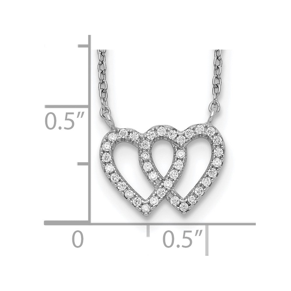 Sterling Silver Rhodium-plated Interconnected Double CZ Open Heart 16.5 inch Necklace with 1 inch extension 16.5 Inches