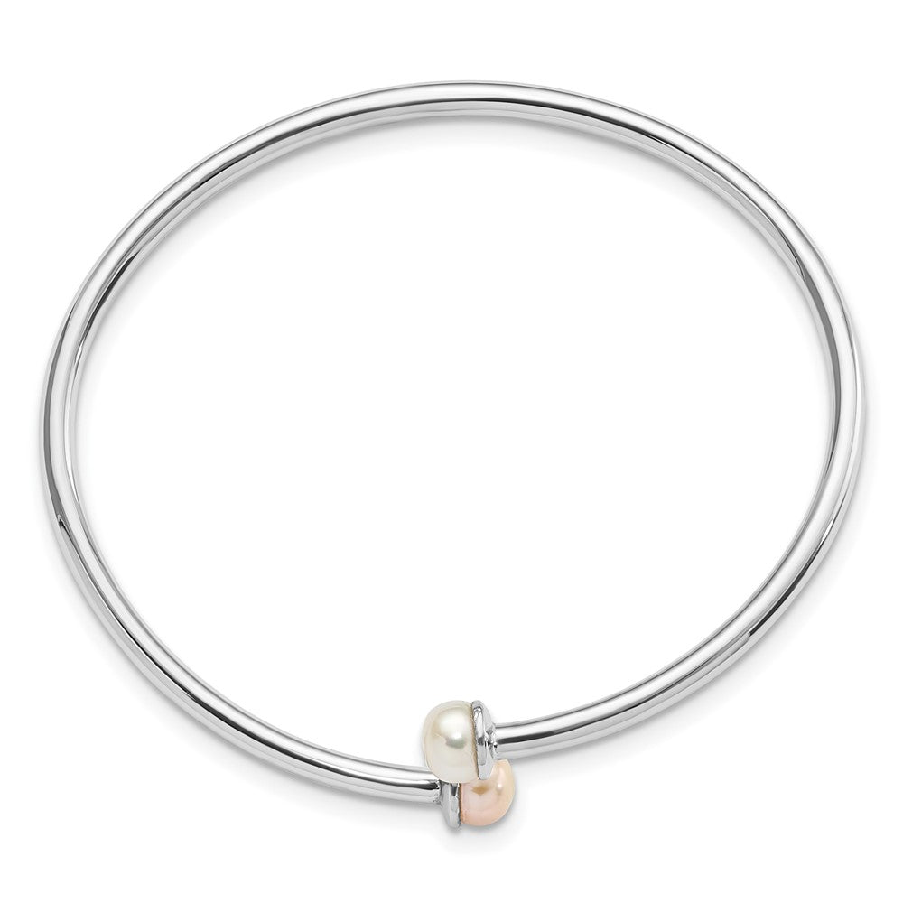 Sterling Silver Rhodium-plated 5-5.5mm Pink and White Button Freshwater Cultured Pearl Flexible Children's Bangle 6 inches