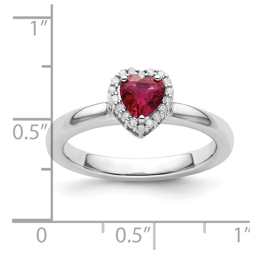 Sterling Silver Stackable Expressions Cr. Ruby Heart Diamond Ring Size -8