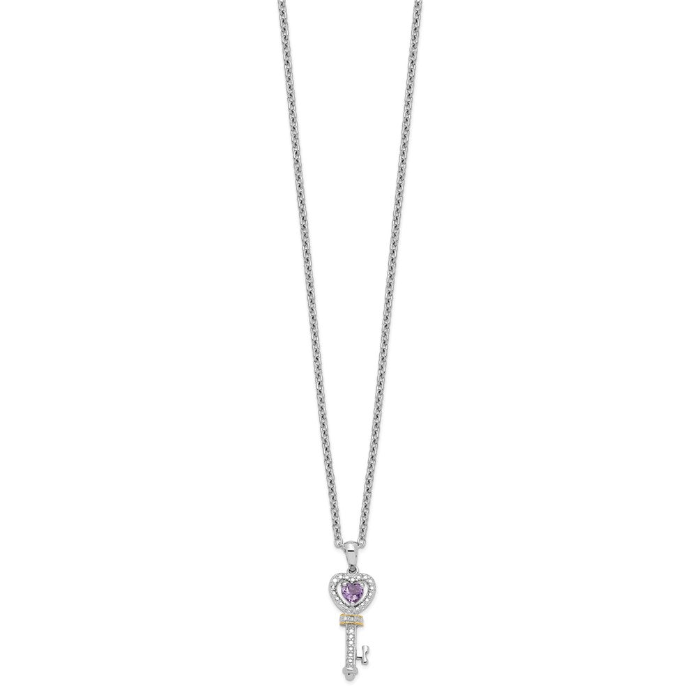 Brilliant Gemstones Sterling Silver with 14K Accent Rhodium-plated Amethyst and Diamond Key 18 Inch Necklace with 2 Inch Extender 17 Inches