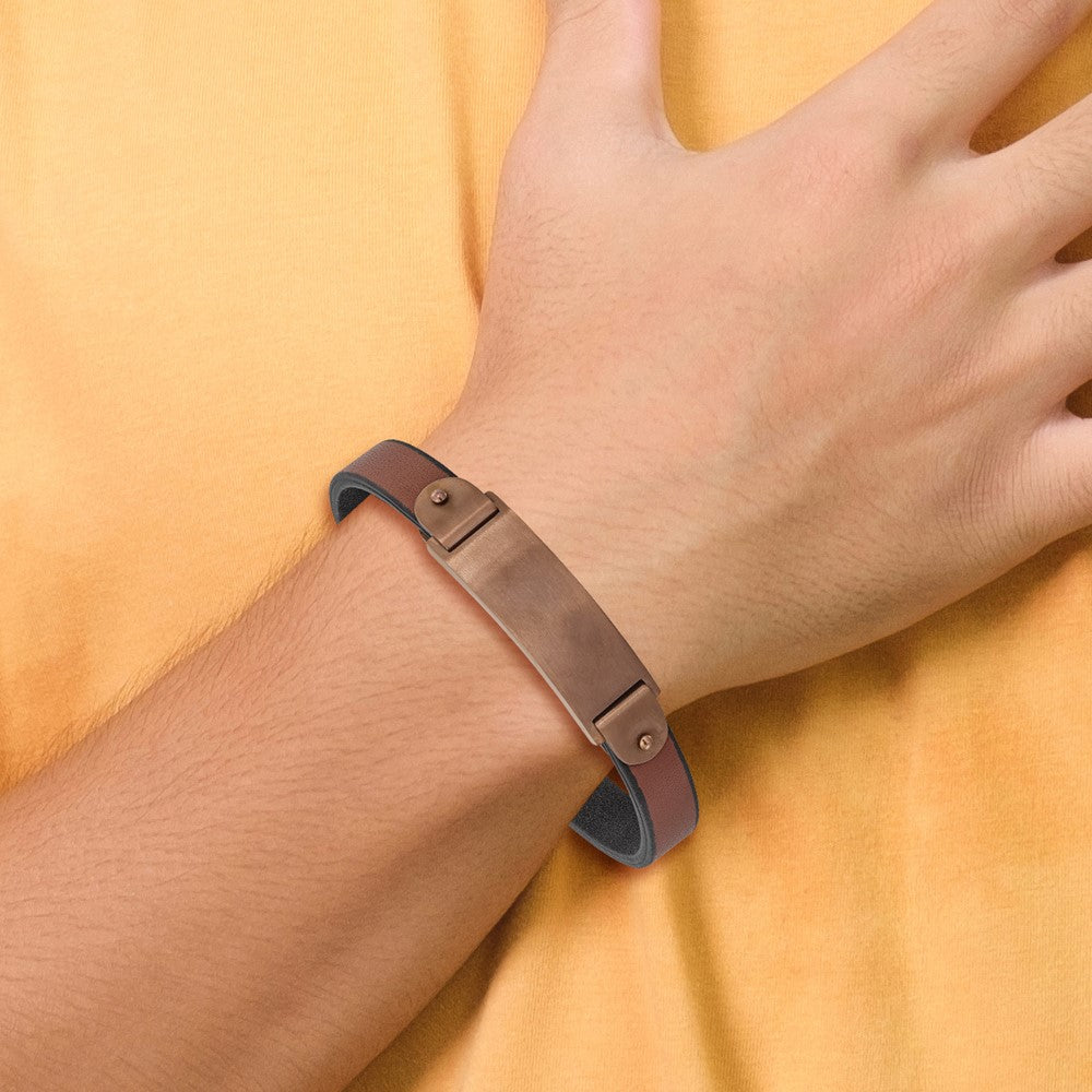 Stainless Steel Brushed Brown IP-plated Brown Leather 8.5in ID Bracelet 8.5 inches