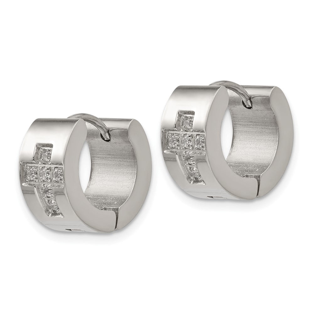 Stainless Steel Polished w/CZ Cross 7mm Hinged Hoop Earrings