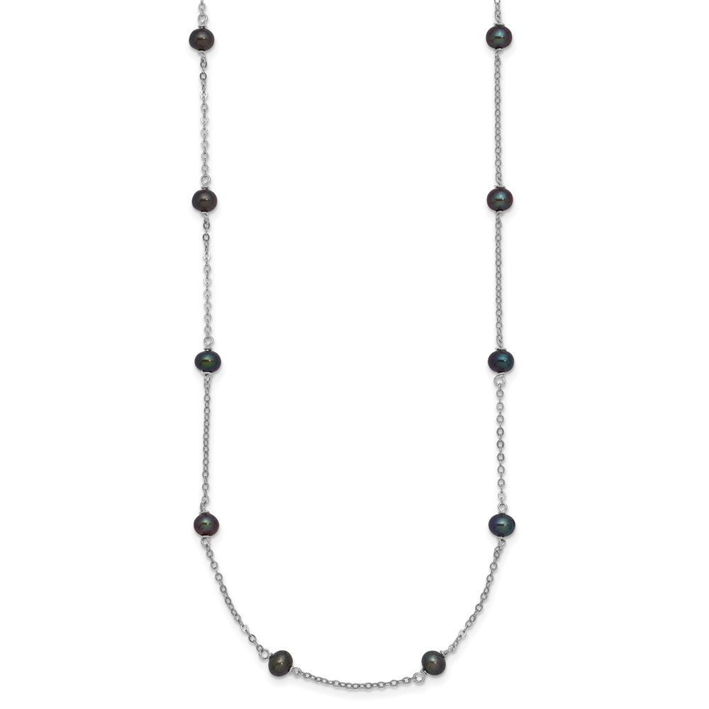 Sterling Silver Rhodium-plated 4-5mm Black Semi-Round Freshwater Cultured Pearl 8-Station 16 inch Necklace 16 Inches