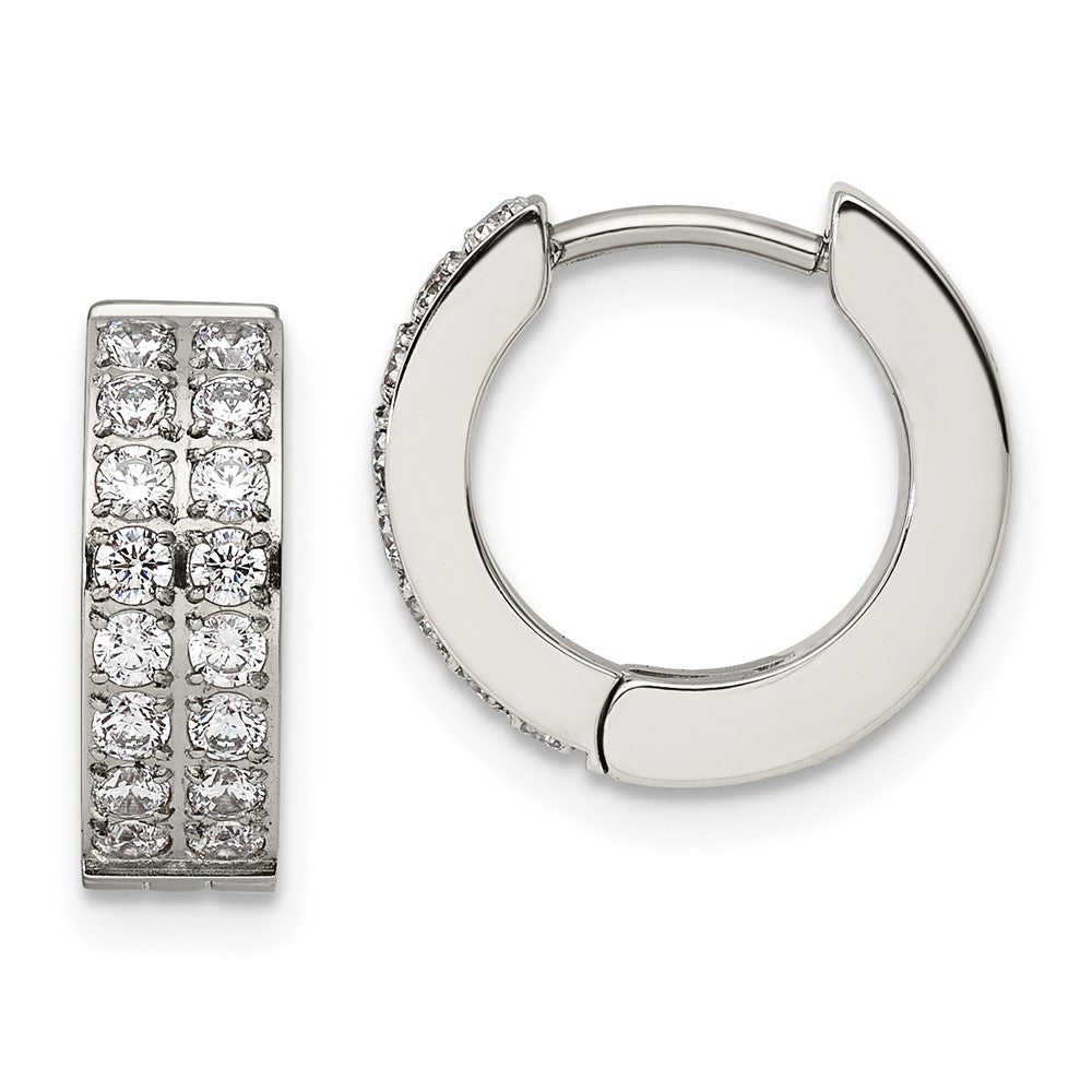 Stainless Steel Polished with 2 Rows of CZ 2.3mm Hinged Hoop Earrings