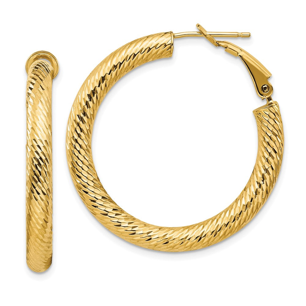14k 4x25mm Diamond-cut Round Omega Back Hoop Earrings