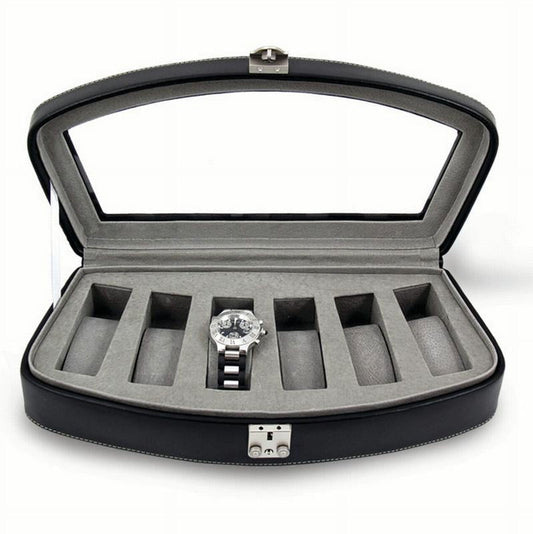 Black Leather Glass Lid Pigskin Lined Locking 6-Watch Case QGM13146