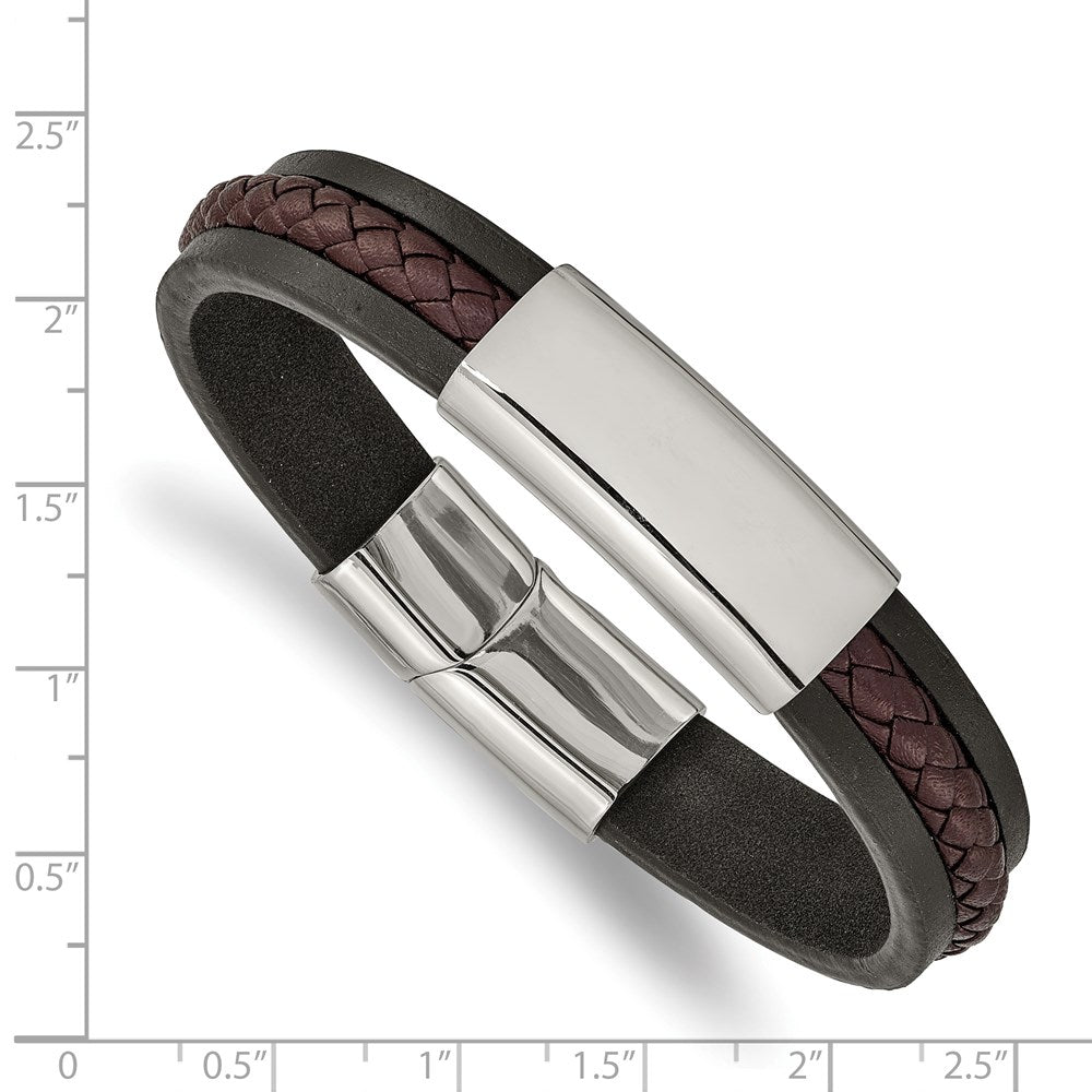 Stainless Steel Polished Black & Brown Braided Leather 8.25in ID Bracelet 8.25 inches
