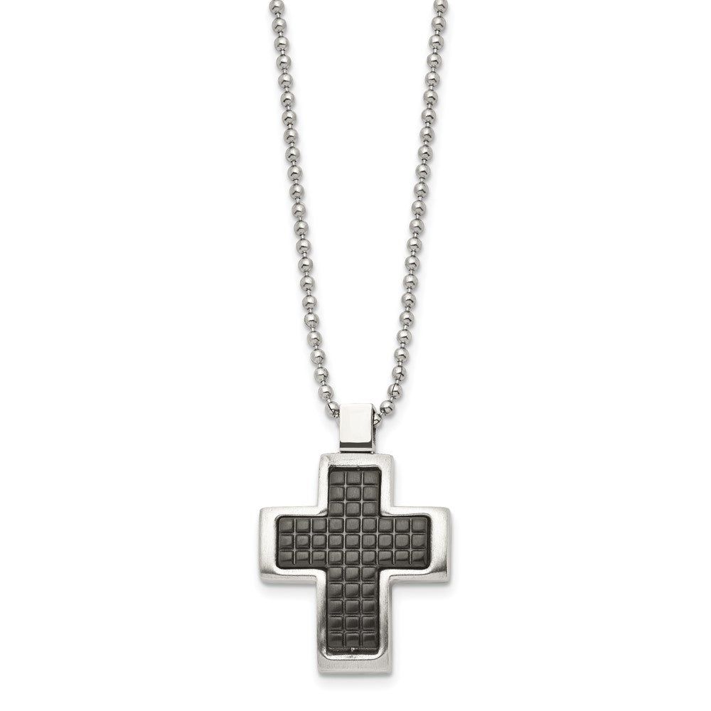 Stainless Steel Brushed Polished & Textured Black IP-plated Cross Necklace