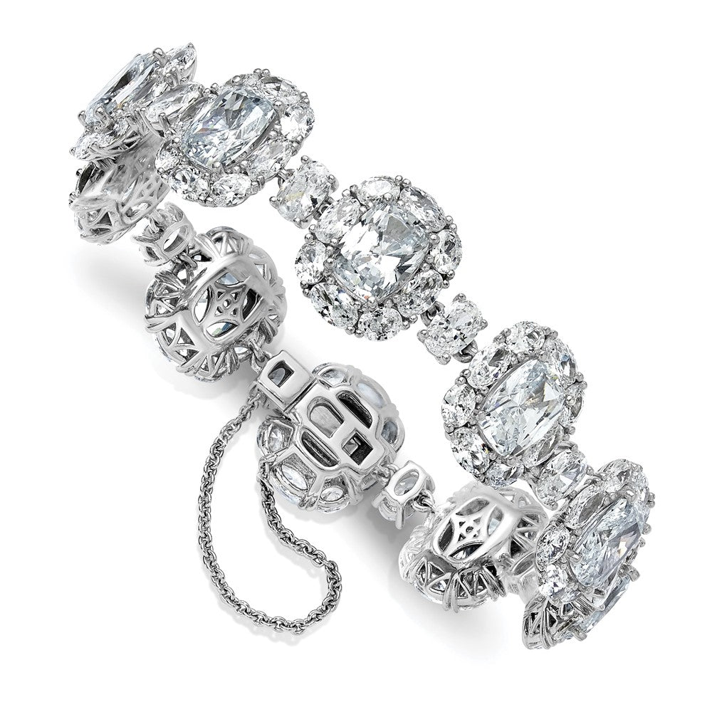 Cheryl M Sterling Silver Rhodium-plated Polished Fancy Cushion-cut CZ Halo Cluster with Safety Chain Bracelet 7 inches