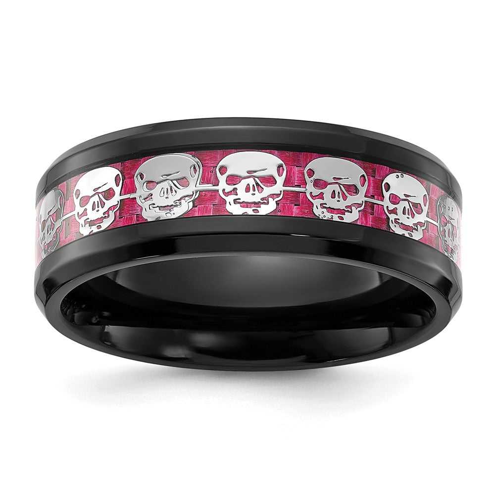 Chisel Stainless Steel Polished Black IP-plated Skulls with Pink Carbon Fiber Inlay 8mm Band Size - 9
