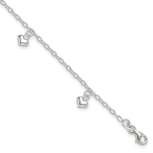 Sterling Silver Polished Puffed Heart 10in Plus 1in ext Anklet
