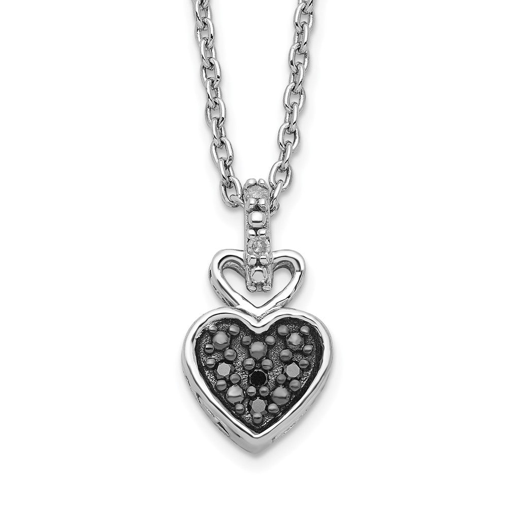 White Night Sterling Silver Rhodium-plated White and Black Diamond Heart 18 Inch Necklace with 2 Inch Extender 18 Inches