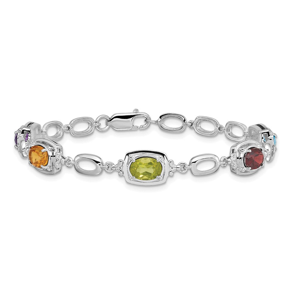 Sterling Silver Rhodium-plated Multi Gemstone Link Bracelet 7.5 inches