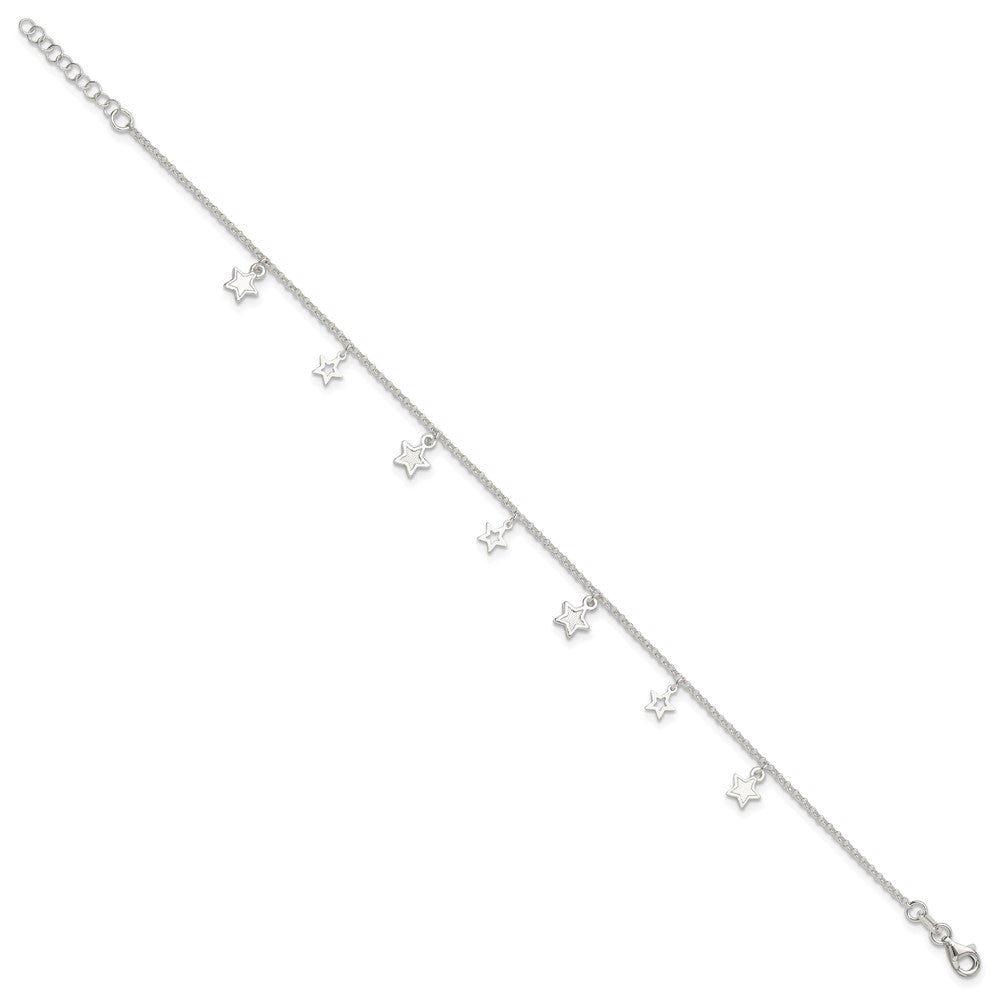 Sterling Silver Polished and Textured Star 9in Plus 1in Ext. Anklet 9 inches