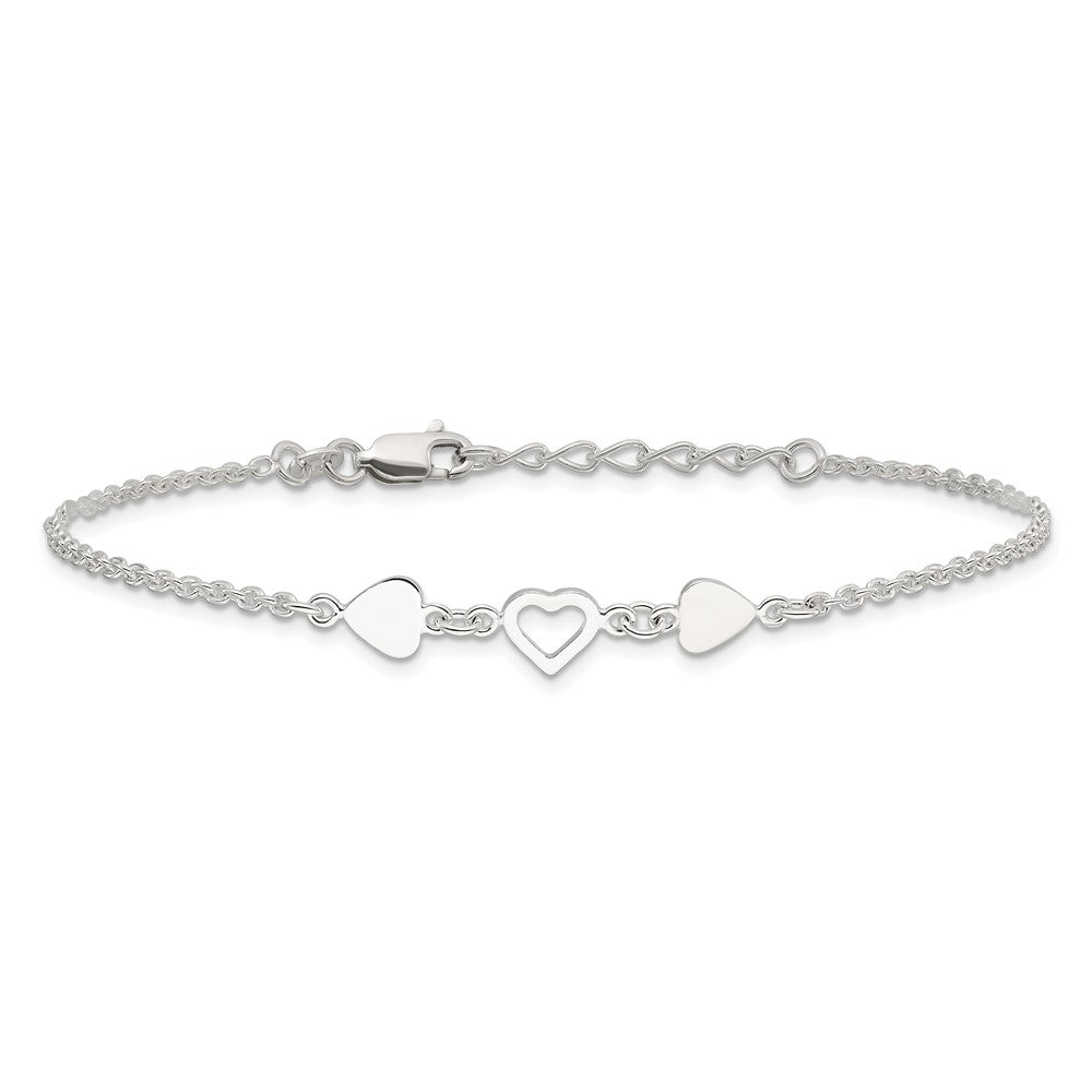 Sterling Silver 8 inch Plus 1in ext.Heart Link Anklet 9 inches