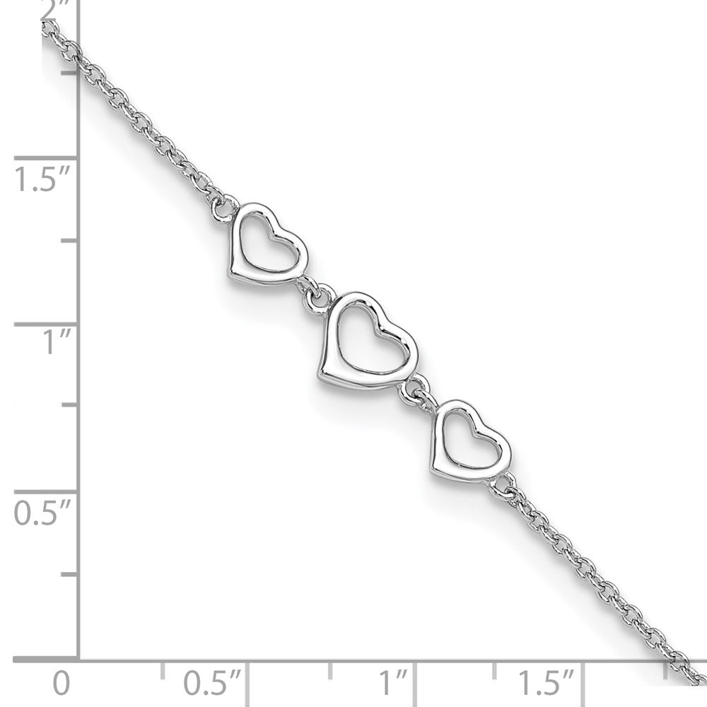 Sterling Silver Rhodium-plated 10 in Plus1 in ext Three Hearts Anklet 10 inches