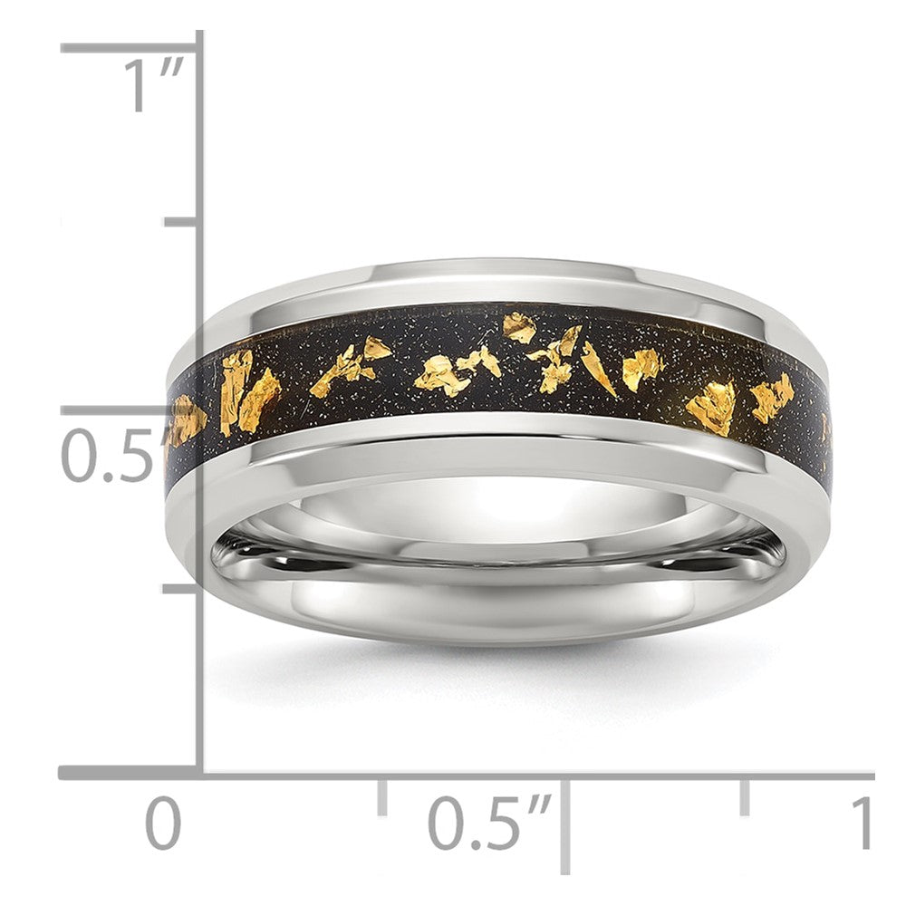 Chisel Stainless Steel Polished with Black and Gold Foil Inlay 8mm Band Size - 7