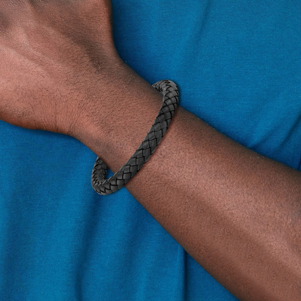Stainless Steel Brushed Black Braided Leather 8.25in Bracelet 8.25 inches