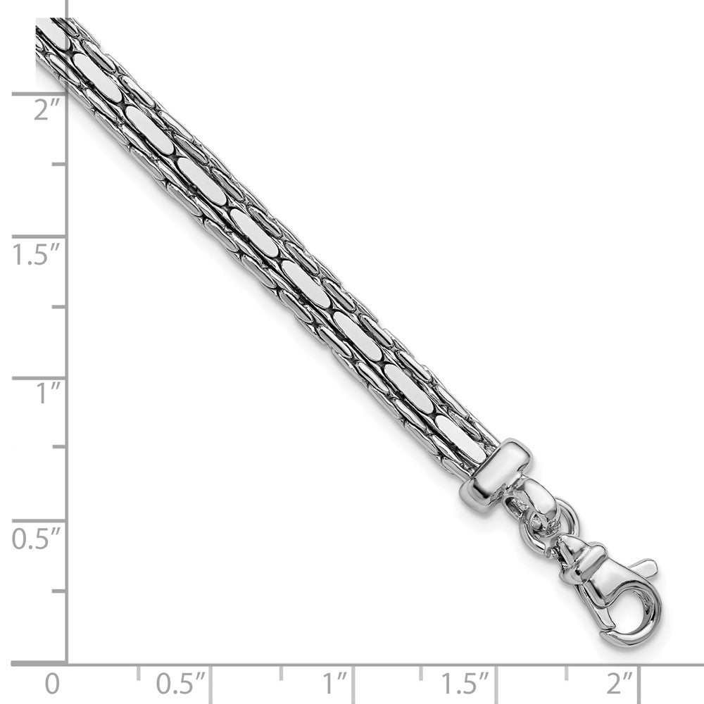SS RH-plated Polished 3-Strand Fancy w/1in ext. Bracelet 8  inches