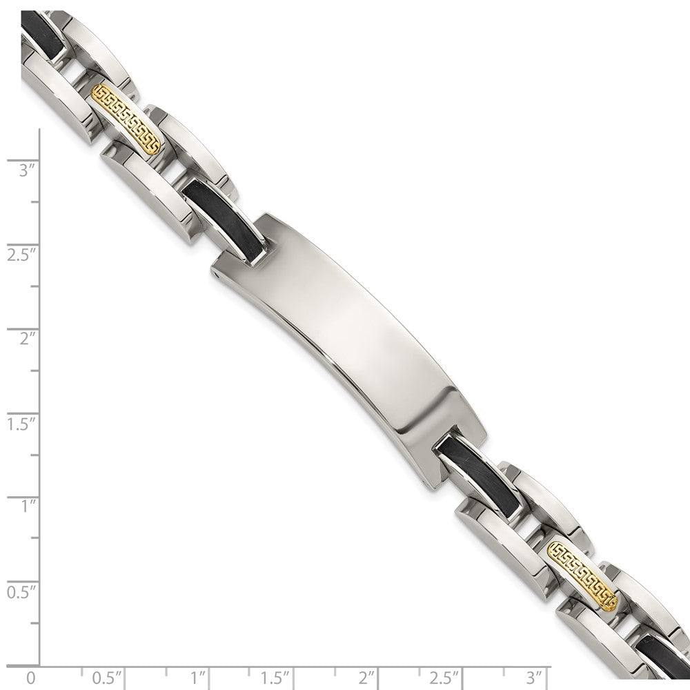 Chisel Stainless Steel Polished with 14K Gold Accent and Onyx 8.75 inch ID Link Bracelet 8.75 inches