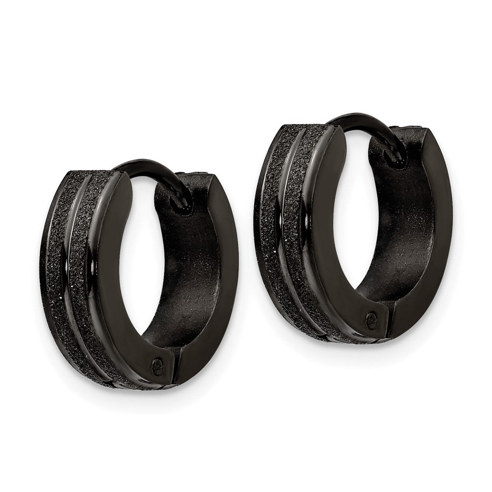 Stainless Steel Polished Black IP Laser cut 4mm Hinged Hoop Earrings