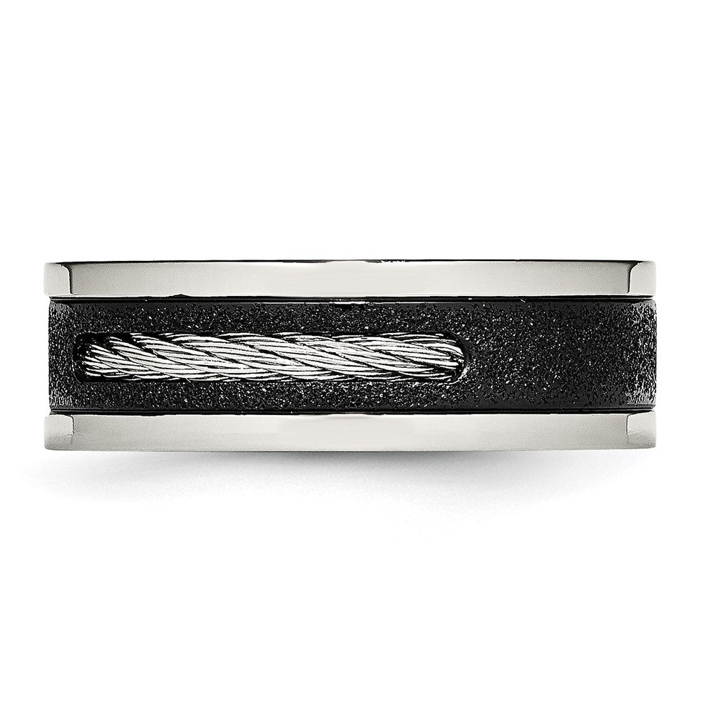 Stainless Steel Polished Black IP Laser Cut w/Cable Inlay & CZ 8mm Band
