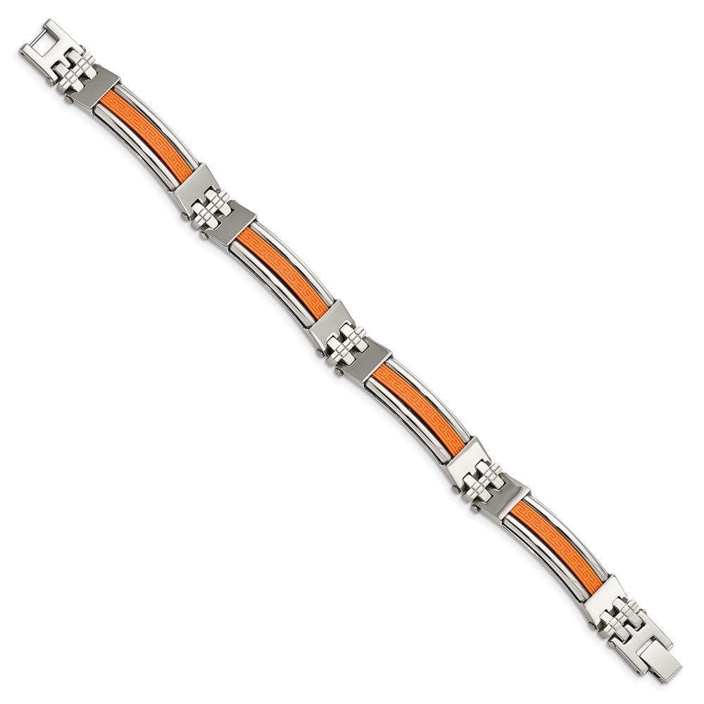 Stainless Steel 9in Polished with Orange Rubber Inlay Greek Key Bracelet 9 inches