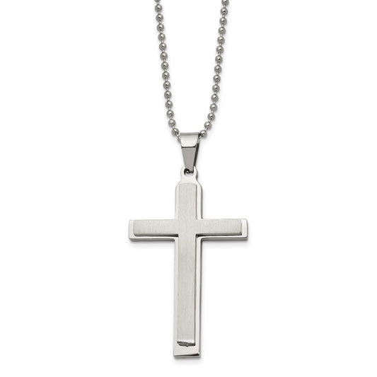 Stainless Steel Brushed and Polished Layered Cross 22in Necklace