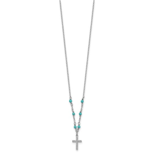 Sterling Silver RH-plated CZ Cross Synth. Turquoise 2in ext Necklace 16 Inches