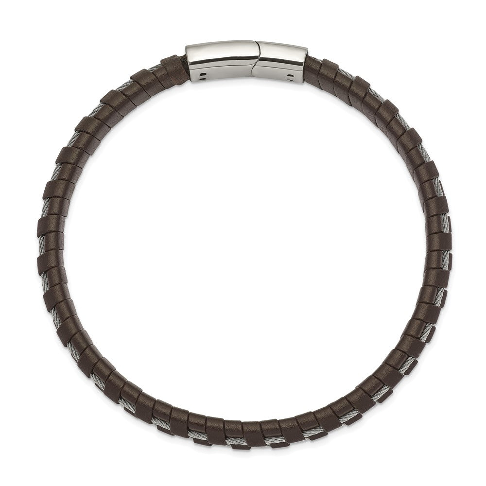 Stainless Steel Polished Cable and Brown Leather 8.75in Bracelet 8.75 inches