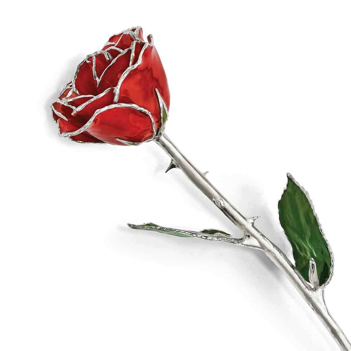 Lacquered Dipped Silver-plated Trimmed Green Leaf with Red Rose