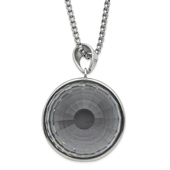 Stainless Steel Polished Grey & Clear Glass Round Pendant Necklace