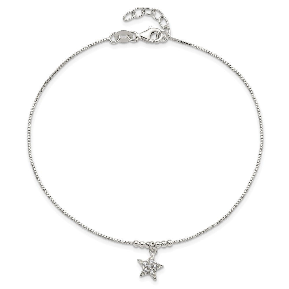 Sterling Silver CZ Star and Beads 9in Plus 1in Ext. Anklet 9 inches