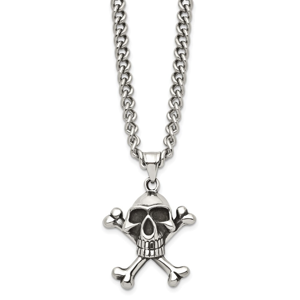 Stainless Steel Antiqued and Polished Skull & Crossbones 24in Necklace