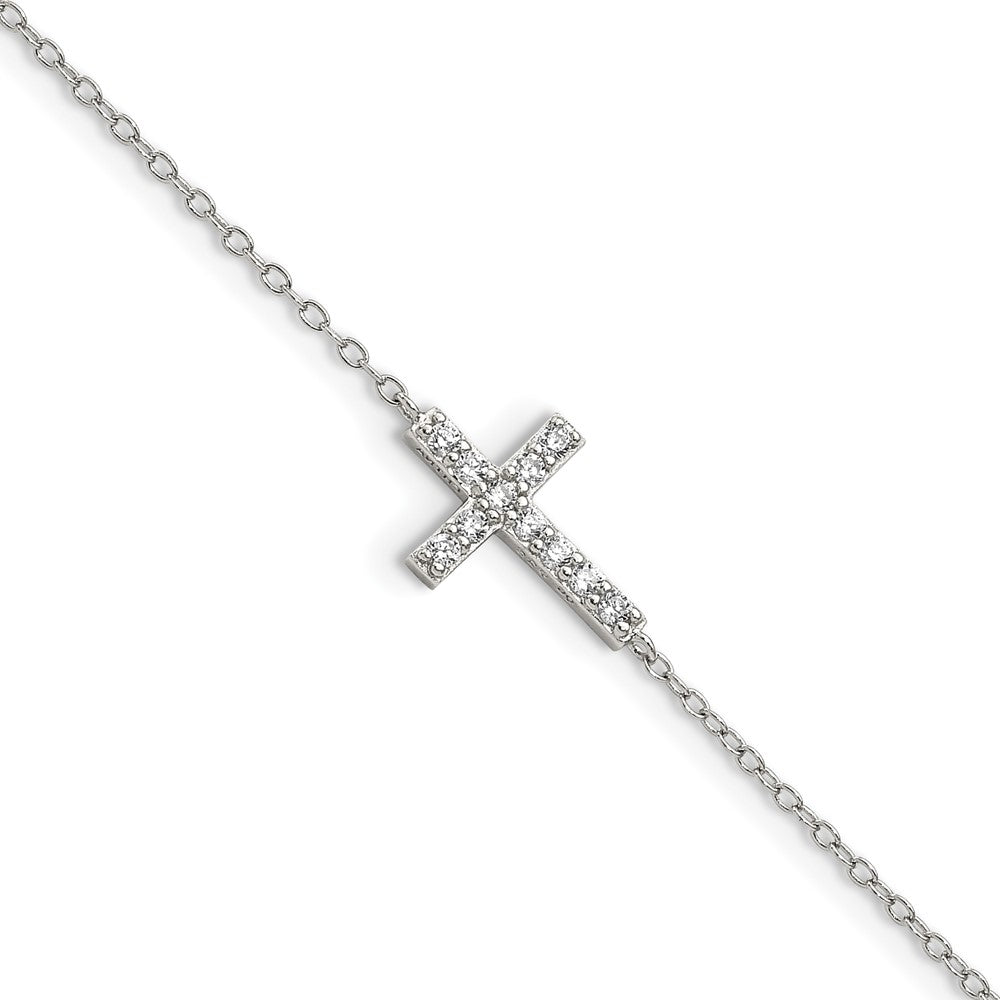 Sterling Silver Rhodium-plated CZ Sideways Cross w/1in Ext Bracelet 7 inches