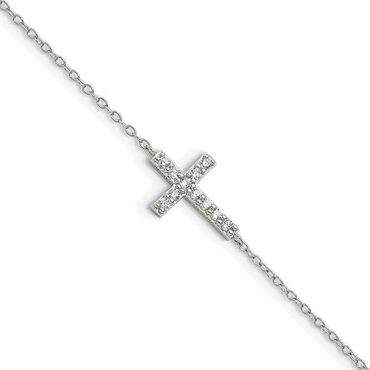 Sterling Silver Rhodium-plated CZ Sideways Cross w/1in Ext Bracelet 7 inches