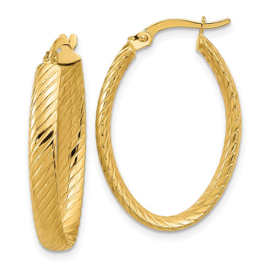 14K Polished and Grooved Oval Hoop Earrings