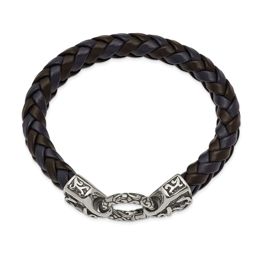 Stainless Steel Antiqued and Polished Black/Blue Leather 8.25in Bracelet 8.25 inches