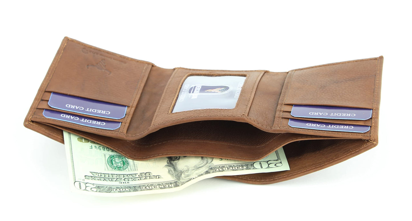 Tan Calf Skin Leather RFID Blocking 6-Slot Trifold Wallet with ID Window