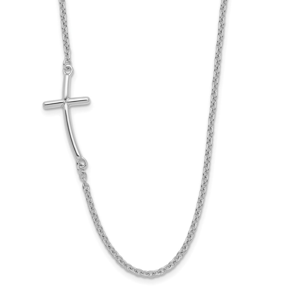 Sterling Silver Rh-plated Large Off-Set Sideways Curved Cross Necklace 19 Inches