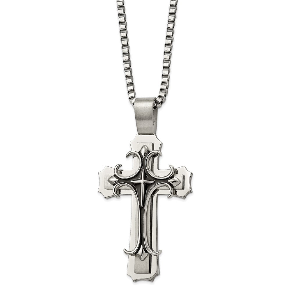 Stainless Steel Brushed and Polished w/Black Enamel Cross 24in Necklace