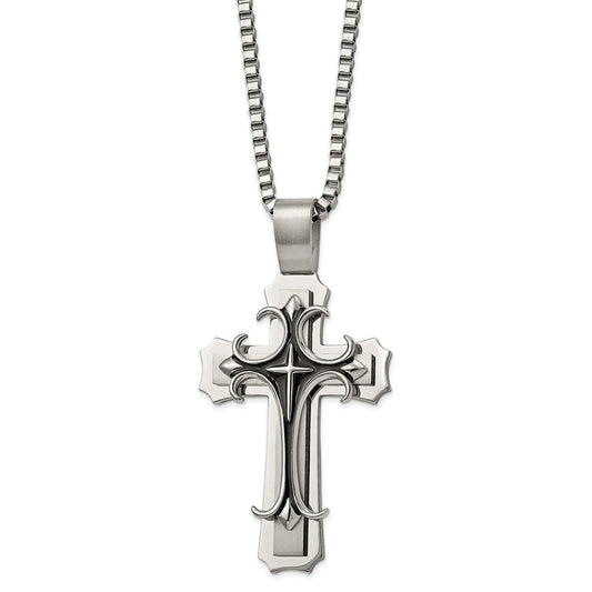 Stainless Steel Brushed and Polished w/Black Enamel Cross 24in Necklace