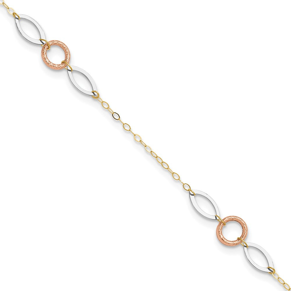 14k Tri-color Circle and Oval 9in Plus 1in ext. Anklet 10 inches