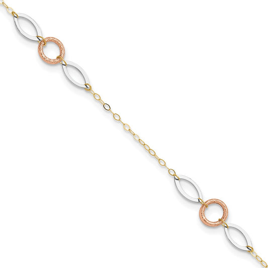 14k Tri-color Circle and Oval 9in Plus 1in ext. Anklet 10 inches