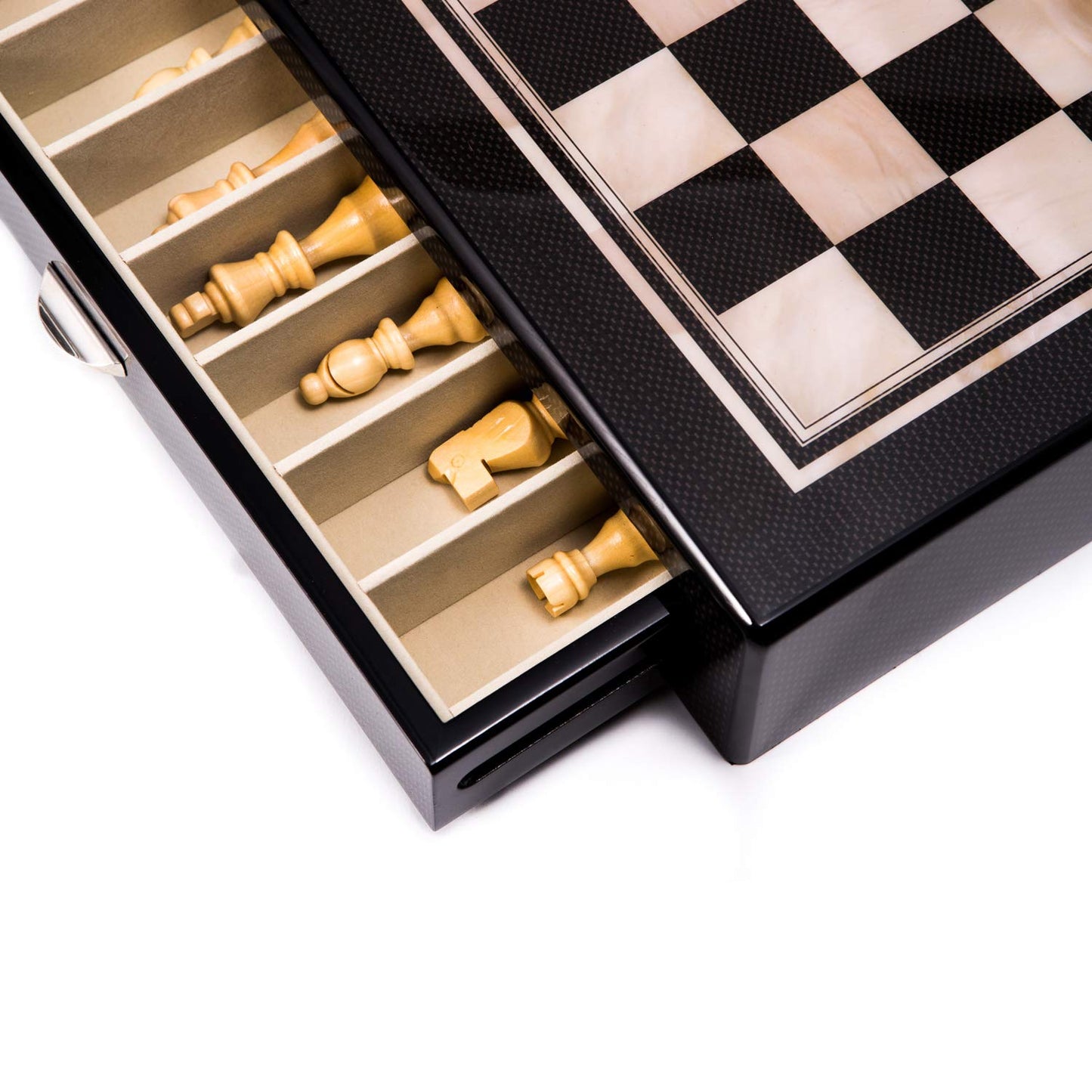 Bey-Berk International G551 Carbon Fiber & Mother of Pearl Design Chess Set with Accessory Drawers, Beige & Brown